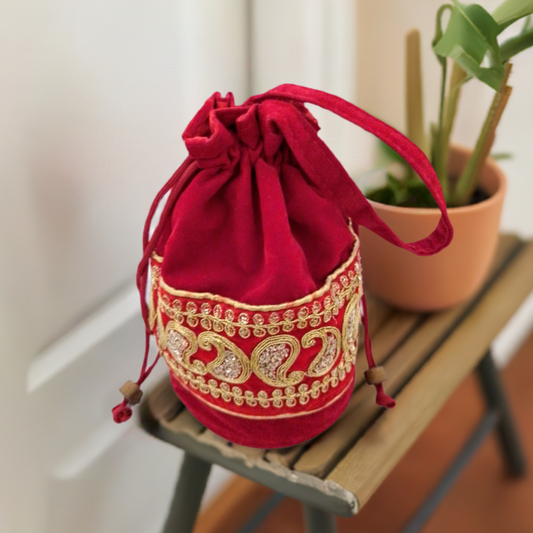 Royal Red Lined Velvet Poti Bag with Sequin Details