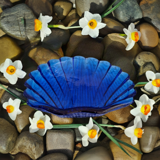 Vintage Blue Glass Shell Dish - Butter Bowl Insert